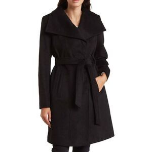 Michael Michael Kors‎ Wool Belted Wing Collar Solid Black Wrap Coat Small NWT